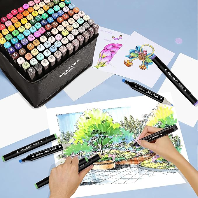 WELLOKB Alcohol Markers, 24 Colors Dual Tip Blender Art Markers for Coloring, Illustrations, and Sketching, Painting, Drawing with Carrying Case