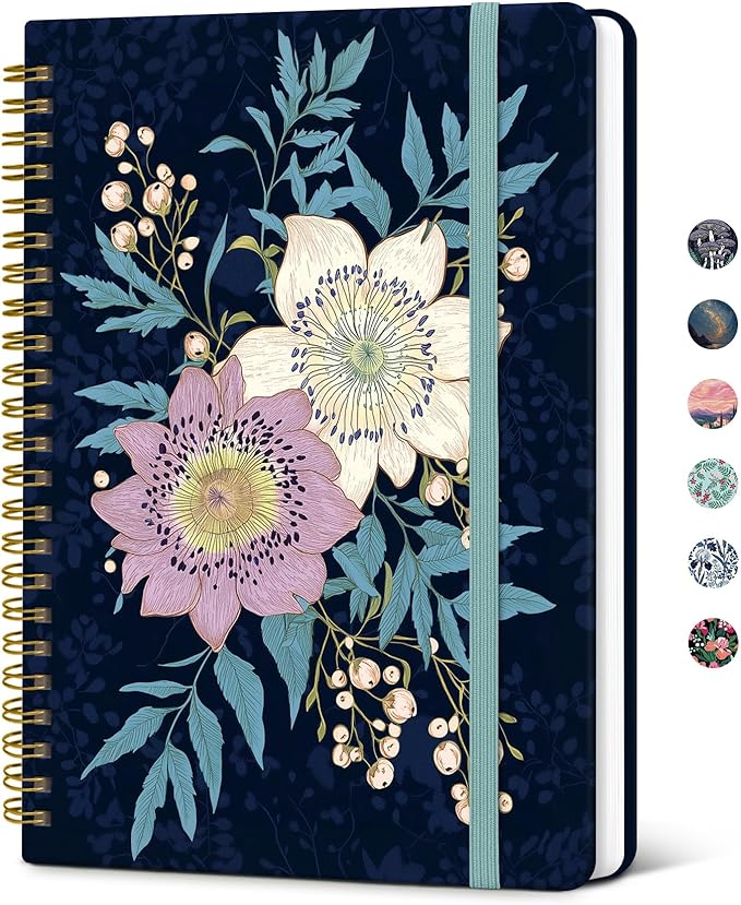 Taja Lined Spiral Journal Notebook for Women, Pretty College Ruled Notebook for Work & Note Taking, A5 Hardcover Journal for Writing, Cute Aesthetic 140 Pages, Evening Bouquet
