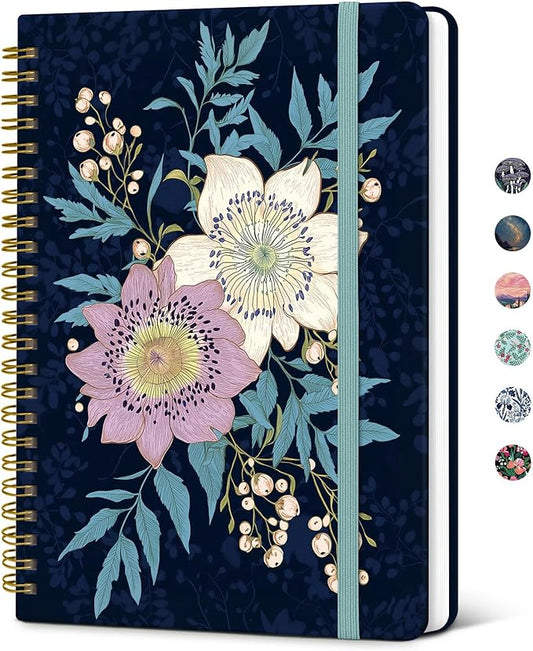 Taja Lined Spiral Journal Notebook for Women, Pretty College Ruled Notebook for Work & Note Taking, A5 Hardcover Journal for Writing, Cute Aesthetic 140 Pages, Evening Bouquet