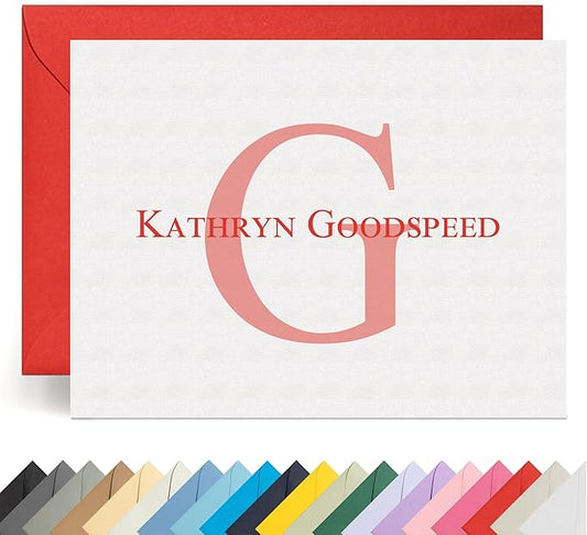 Personalized Stationery Note Cards with Envelopes – Custom Minimalist Thank You Cards, 12 Flat Note Cards & Colored Envelopes – Crush-Resistant Packaging - Folded Cards Option (Large Initial Center)
