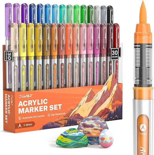 JusArt Acrylic Paint Markers Brush Tip 30 Colors, Water-Based No-Bleed Markers with Automatic Ink Control, Waterproof Acrylic Paint Pens for DIY Art & Crafts -Fabric, Wood, Rock, Ceramic, Metal