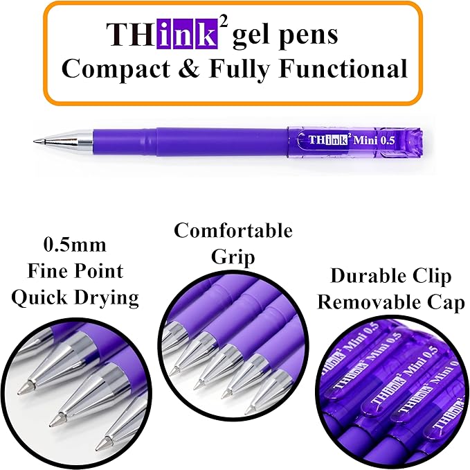 THINK2MASTER [24 Pens - Purple Ink Think2 0.5mm Pocketable Gel Pens. (24 Purple) Fine Point Rollerball Pens with Smooth Quick Drying Ink.