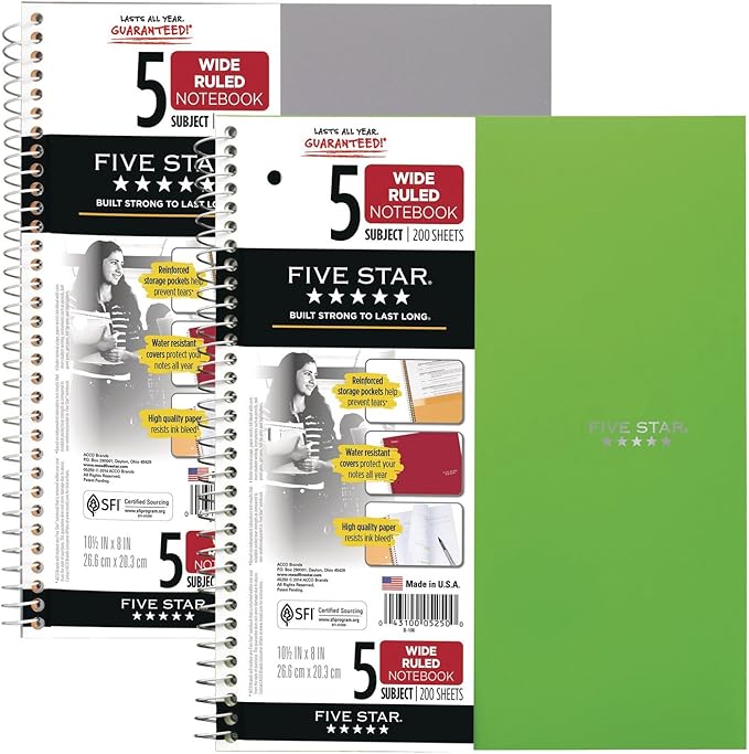 Five Star Spiral Notebooks, 2 Pack, 5-Subject, Wide Ruled Paper, 10-1/2" x 8", 200 Sheets, Gray, Lime (38434)