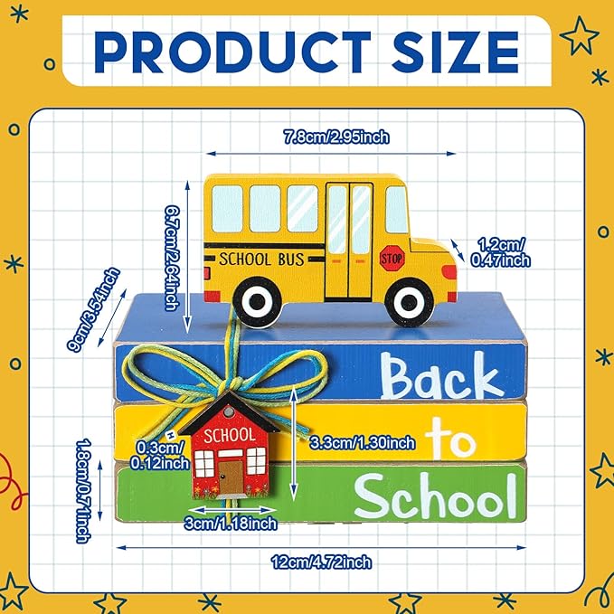 Pinkunn 4 Pcs Back to School Table Decorations School Bus Tiered Tray Decor Mini Bus Wooden Decorative Books Stack Tray First Day Centerpieces Sign for Office Shelf Classroom Tabletop Bookshelf