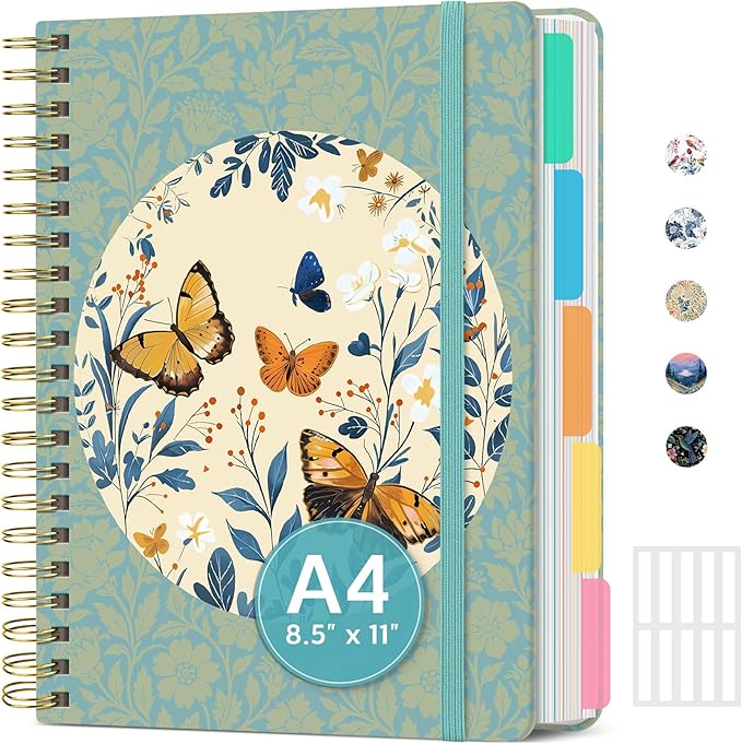 Large Lined Spiral Journal for Women Cute Hardcover 5 Subject Notebook for Work 8.5" x 11" with Removable Dividers & Tabs, College Ruled, 280 Pages Aesthetic Journal for Work, School & Note Taking, Floral Halo