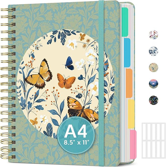Large Lined Spiral Journal for Women Cute Hardcover 5 Subject Notebook for Work 8.5" x 11" with Removable Dividers & Tabs, College Ruled, 280 Pages Aesthetic Journal for Work, School & Note Taking, Floral Halo