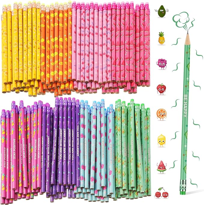 Leinuosen 200 Pcs Scented Pencils Bulk for Kids Inspirational Cute Fun Wood Smelly Pencils with Erasers Fruit Elements for School Classroom Office Students