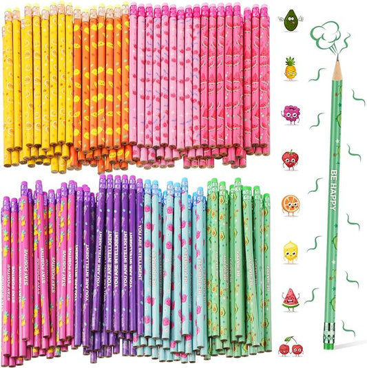 Leinuosen 200 Pcs Scented Pencils Bulk for Kids Inspirational Cute Fun Wood Smelly Pencils with Erasers Fruit Elements for School Classroom Office Students