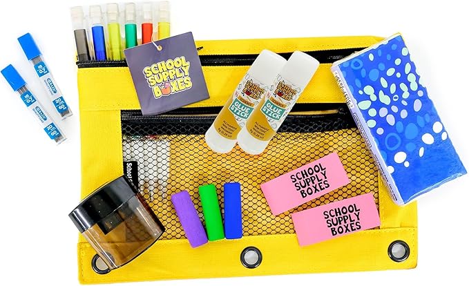 Elementary Pencil Bag Kit (24 Pack) – School Supply Pouch for Kids with Mechanical Pencils, Safety Scissors, Glue Sticks, Erasers & More – Back to School Kit – Pre-Filled Zipper Bag