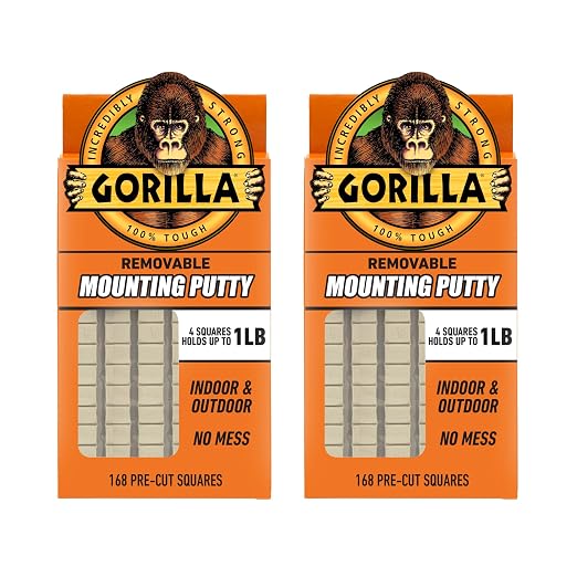 Gorilla Removable Mounting Putty Reusable & Repositionable Adhesive 168 Count Pre-Cut Squares (Pack of 2) Holds 2 lbs. Back to School Supplies for Teachers Students Parents, Indoor Outdoor