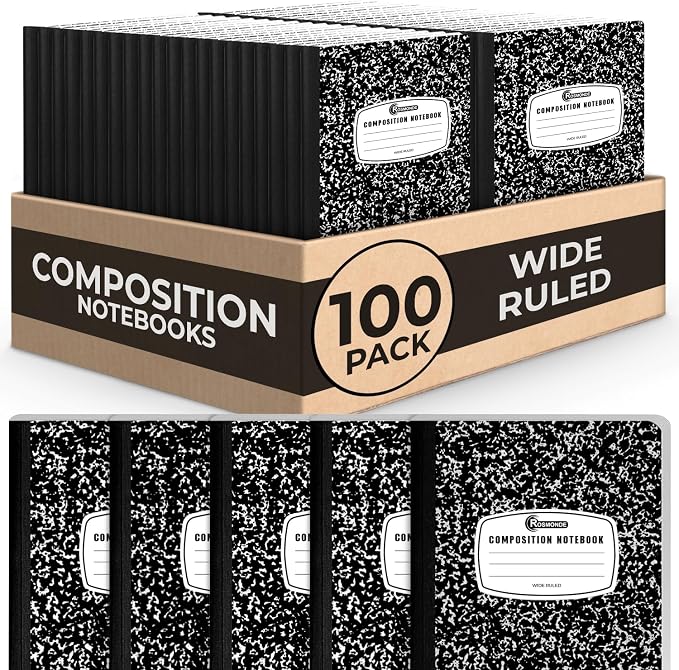 Rosmonde 100 Pack Composition Notebooks Bulk Wide Ruled, 200 Pages (100 Sheets), 9-3/4 x 7-1/2, Hard Cover, Bulk Black Marble Composition Notebook, Bulk Office Notebooks, Bulk Notebooks School Supplies