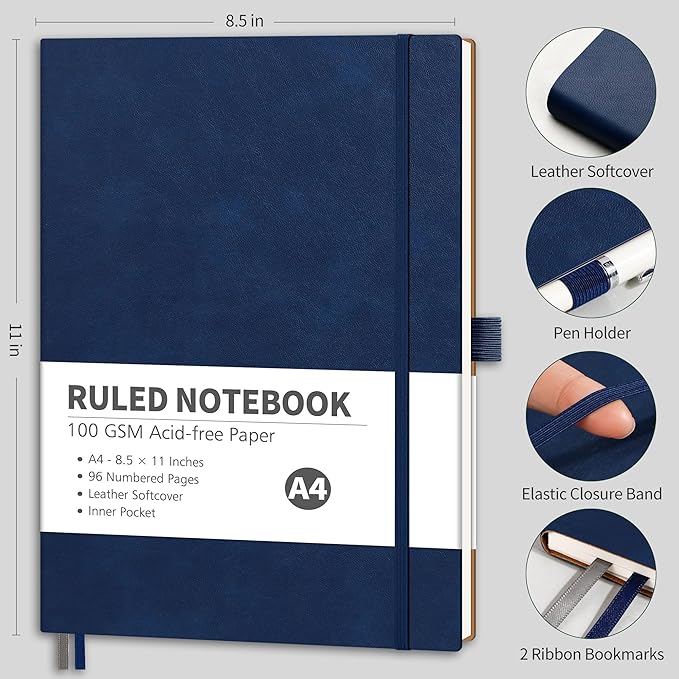 RETTACY Lined Journal Notebook, 96 Numbered Pages, A4 Large Size (8.5'' x 11''), for Men & Women, Journaling, Writing, Work & Office, Leather Softcover, 100 GSM Thick Paper (Navy Blue)