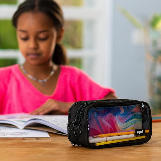 ZIPIT Half & Half Pencil Case, 3-Compartment Aesthetic Zipper Pouch, Black | Clear-front pencil case for school, dedicated organizer panels, holds up to 70 pens & pencils, durable easy-care polyester