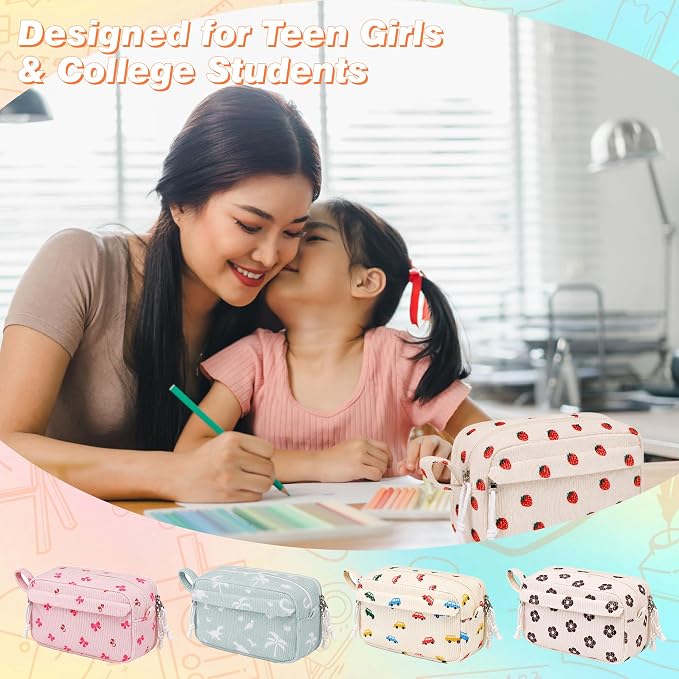 Big Capacity Pencil case,Soft Corduroy Pencil Bag with 3 Compartment,Pencil Pouch School Supplies Cute Pencil Box Pencil Bag for Teen Girls Boys College (Strawberry)