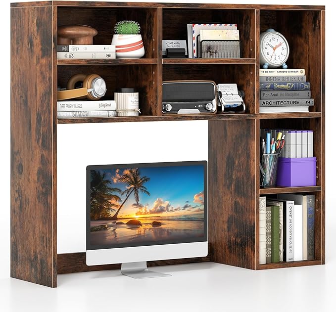 Giantex Desktop Bookshelf, Desk Hutch Dorm w/ 7 Cubes & 3 Adjustable Shelves, Desk Shelf for Up to 27" Computer Monitors, Wooden Desktop Storage Organizer for Dorm College Office Home, Rustic Brown