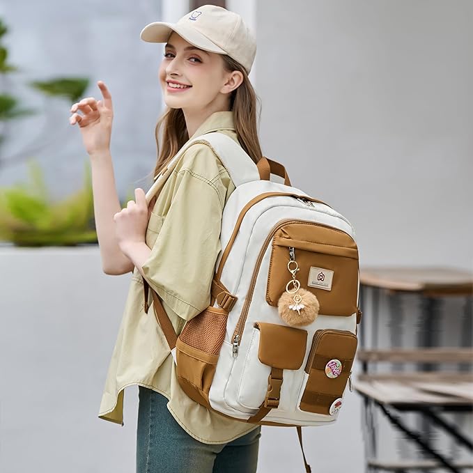 Hidds Backpack for Girls,School Backpack Women College Laptop Backpacks Teens Bookbag Kids Elementary Middle High School Bag Student Travel Daypack-Khaki Beige