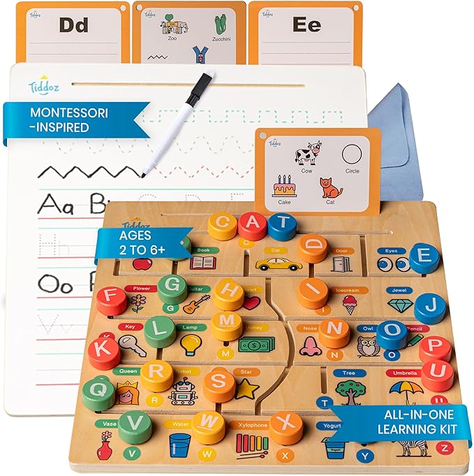 All‑in‑One Montessori Learning Set – ABC Tracing Wooden Board, Letter Matching, 100+ Sight Words Flashcards & Writing for Preschool & Kindergarden Toddlers Ages 3-6