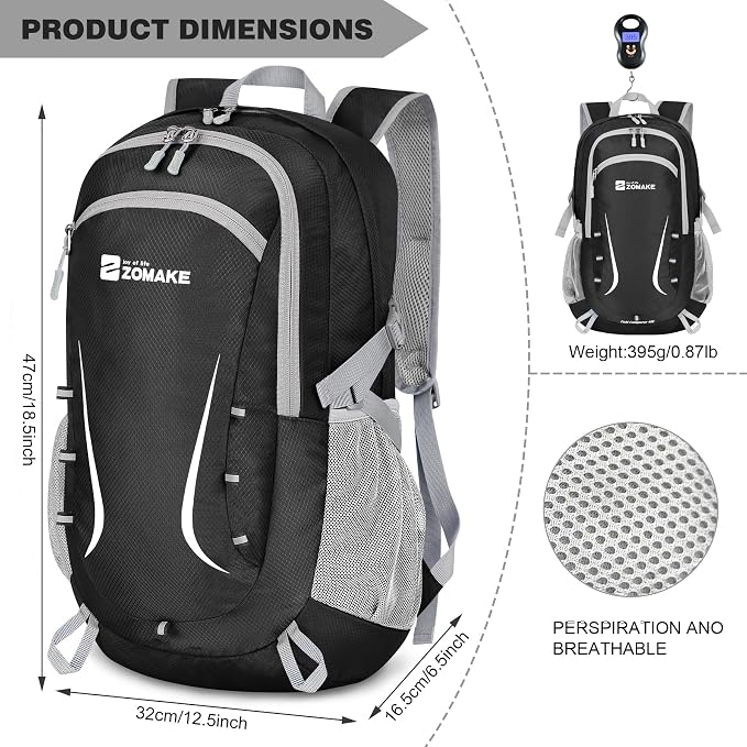 ZOMAKE Lightweight Packable Backpack 35L, Foldable Backpacks Water Resistant Collapsible Light Daypack for Hiking(Black) | Light Hiking Backpacks Collapsible Day Pack for Travel, Everyday Carry, Multi Compartment Storage, Adjustable Strap (Black B)