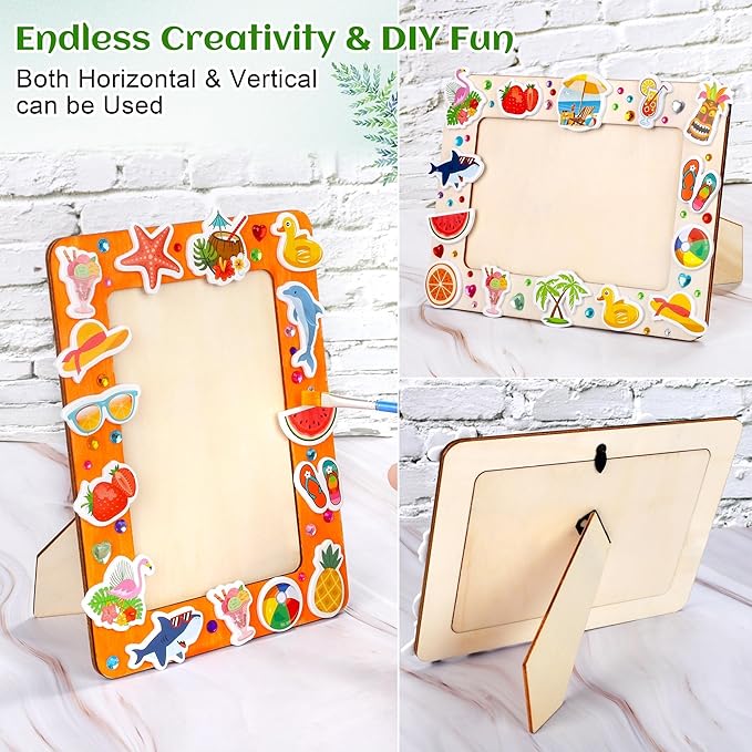 Fovths 6 Packs Summer Picture Frame Painting Craft Kit with 50 Stickers Rhinestone Stickers Painting Tools Set 2 Brushes for DIY Kids Crafts Decorate