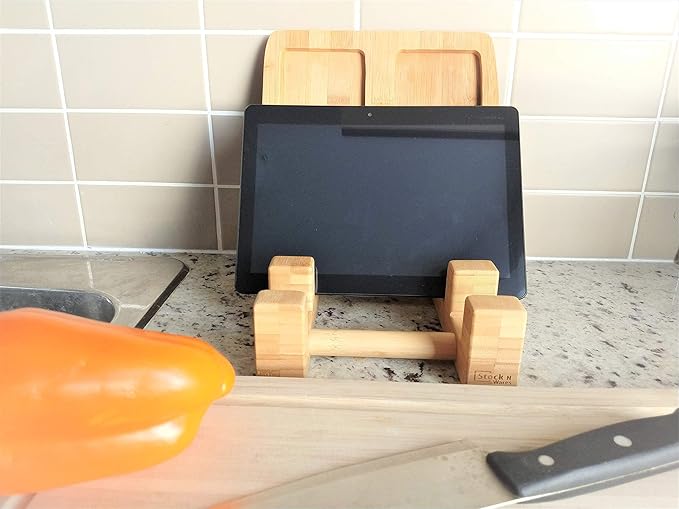 Bamboo Cutting Board Holder, Pot Lid Holder, Cook Book Stand, Tablet Holder for Kitchen, Stylish Low Profile, 10.38" Lx7 Wx2.5 H(26.35cmx17.78cmx6.35cm)