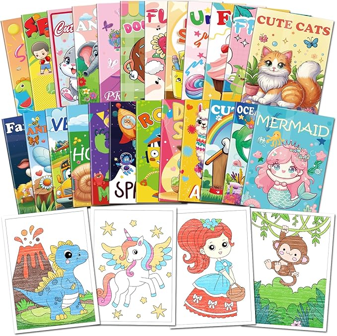 Kalysky 24 Pack Mini Coloring Books for Kids Ages 4-8 (7 * 5.1in), Party Favors Bulk Coloring Books for Toddlers 1-3, 288 Different Illustrations, Birthday Goodie Bags Stuffers for Boys Girls