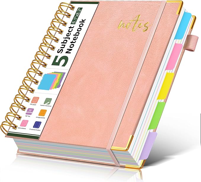 5 Subject Spiral Notebook Journal with Removable Dividers Tabs, 300 Pages Organizer Notebooks for Work School, A5 Hardcover Leather Notebook College Ruled, Lined Journal for Women Men，Pink