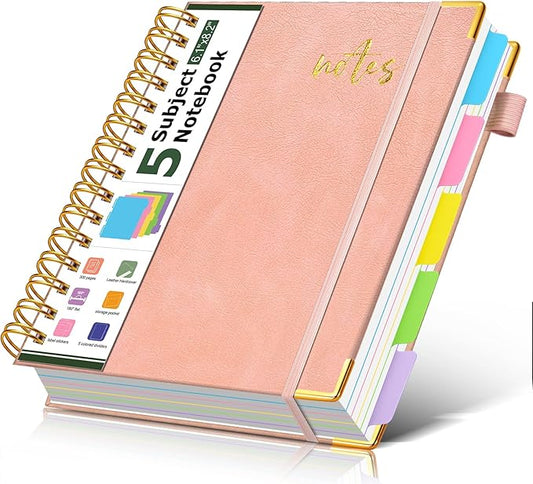 5 Subject Spiral Notebook Journal with Removable Dividers Tabs, 300 Pages Organizer Notebooks for Work School, A5 Hardcover Leather Notebook College Ruled, Lined Journal for Women Men，Pink