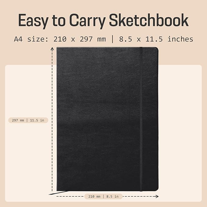 BROWNSTONE JOURNALS A4 Sketch Book Hardcover - 80 Sheets 100 GSM Paper 8.5"x11.5", Lay Flat, Vegan Leather Cover, Elastic Band, Back Pocket, Art Drawing Book (Charcoal Black)