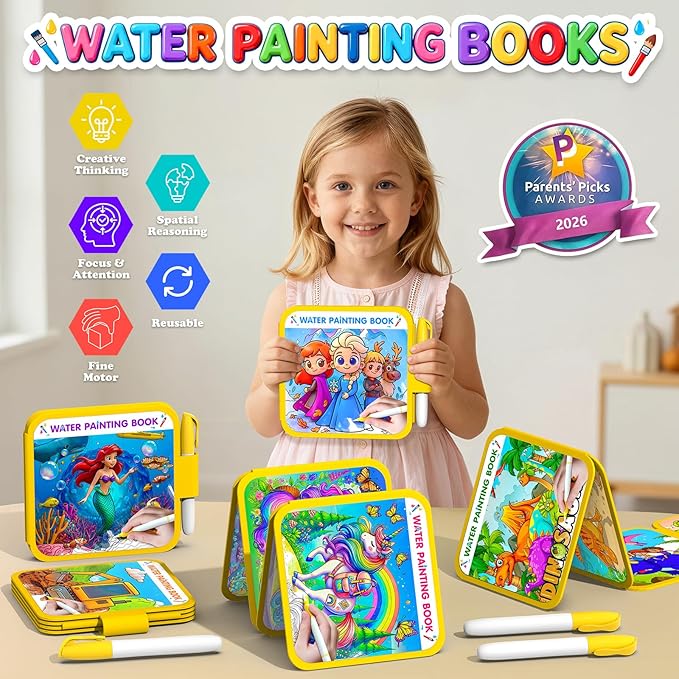 ZHOC Reusable Water Painting Books for Kids – Magic Water Reveal Coloring Books with Water Pens (Dinosaurs) No-Mess Coloring Book Fun Travel Activity for Ages 3 4 5 6 7 8