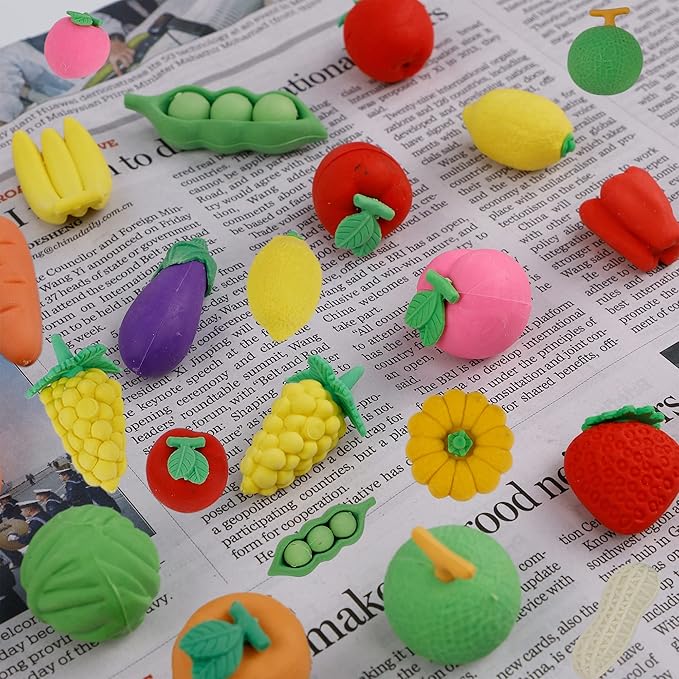 Cllayees 72 Pcs Assorted Fruit Pencil Erasers Toy Set, Mini Vegetable Puzzle Erasers Bulk, 3D Come Apart Gift for Kids Reward Party Favors (Fruit and Vegetable)