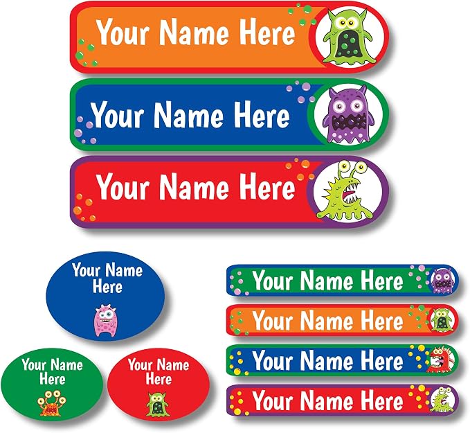 Lovable Labels Personalized Labels for Kids (85 Labels/Pack) - 3 Label Sizes Waterproof Dishwasher Safe Peel & Stick Labels for School Supplies Daycare Camp Clothing Bottles (Monster Mash)