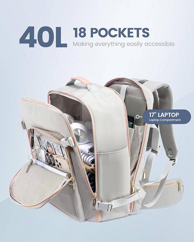 LOVEVOOK 40L Travel Backpack with Waist Strap,Flight Approved Carry on Backpack,Waterproof Personal Item Travel Bag,TSA Carry on Luggage Suitcase Travel Essentials,Gifts for Women & Men,fit 17" Laptop