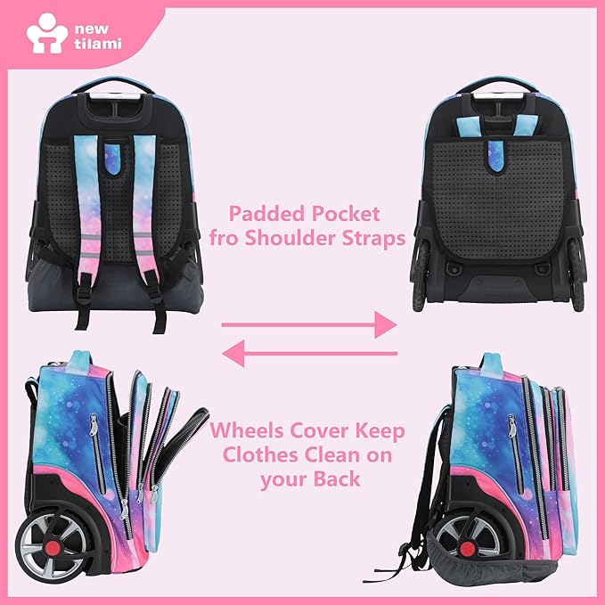 NEW TILAMI 20" Rolling Backpack for Teens Adults, Climbing Stairs Waterproof Backpack with Wheels for School Business Trave Camping with Laptop Compartment, Fit 17 Inch Laptop, Pop Gradient