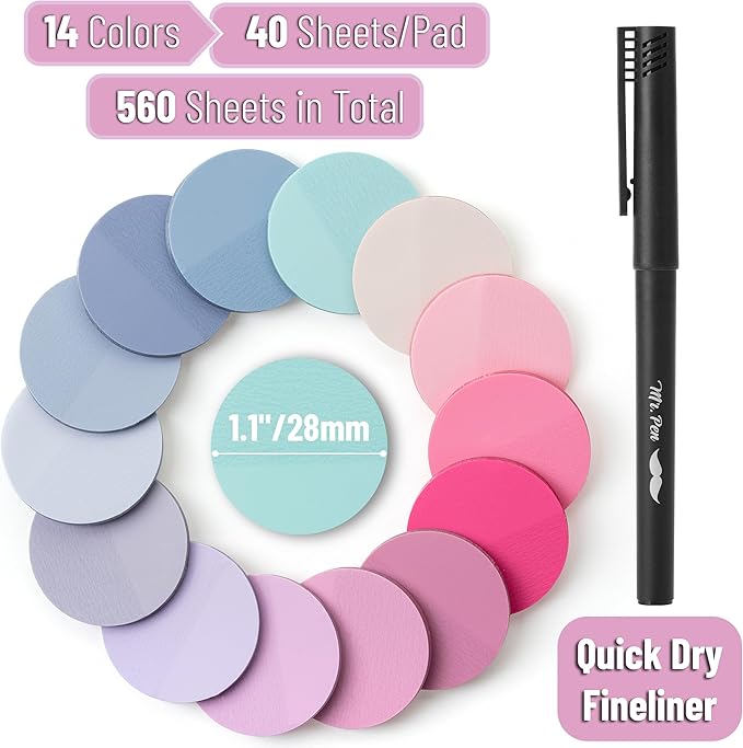 Mr. Pen- Round Transparent Sticky Notes, 1.1” Diameter, 14 Pads, 560 Sheets, Colorful, Water-Resistant See-Through Sticky Notes & Fineliner, Smooth Writing, Note Tabs for Bible Journaling, Studying