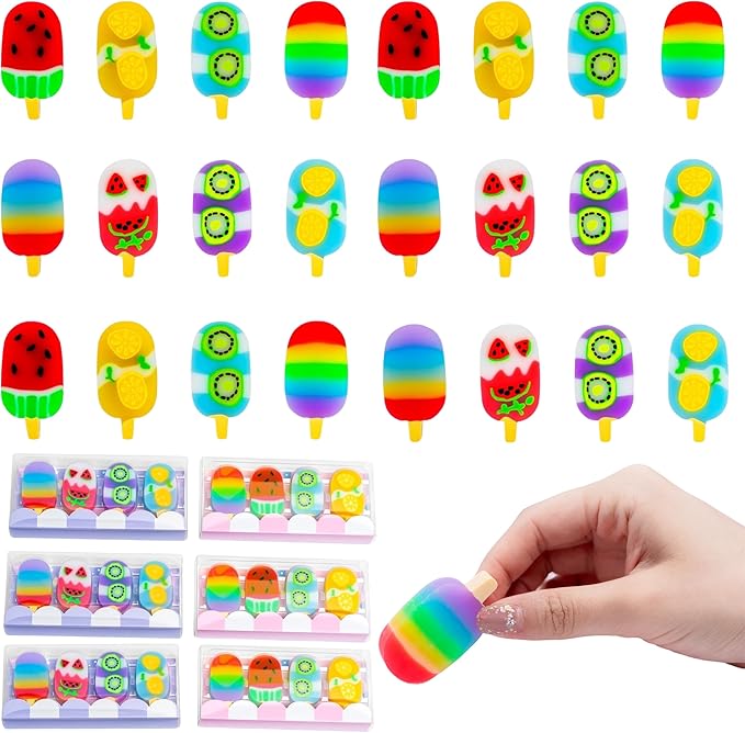 Ice Cream Erasers, 24 Pack – Cute Fruit Popsicle Shaped Pencil Erasers for Kids, Fun School Supplies, Classroom Rewards, Party Favors, Homework Prizes