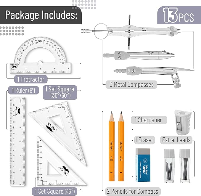 Mr. Pen- Geometry Set, 13 pcs, 3 Metal Compasses, Protractor, 6" Ruler, 45° & 30°/60° Set Squares, Pencils, Lead Refills, Sharpener & Eraser for Math, Drafting & Classroom Use