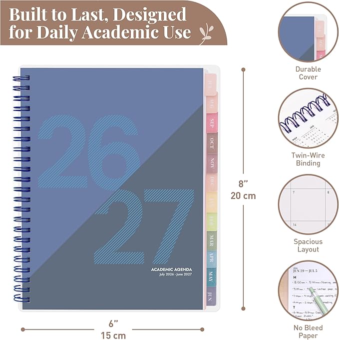 Rileys Academic Planner 2026-2027, Daily, Weekly & Monthly Planner, July 2026 - June 2027, Student Notes Pages, Twin-Wire Binding, Weekly Agenda for School & Work (8 x 6-Inches, Geographic, Blue)
