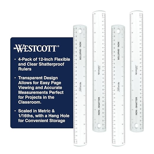 Westcott 12-Inch Flexible Shatterproof Rulers, Flexible Design with Easy-to-Read Markings, for Home, Office, Classroom, Back to School, School Supplies, 4 Pack