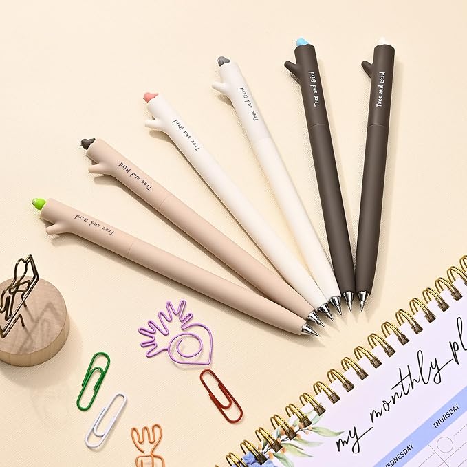 Temiary 6 Pcs Rotatable Quick-Dry Black Gel Ink Pens, Cute Gel Pen for Journaling Planning, 0.5 mm Fine Point Smooth Writing for School Office Home Supplies (Bird)