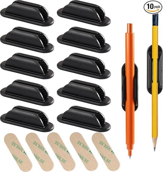 Tiizze 10 Pack Adhesive Pencil Holder for Desk, Silicone Pen Holder for Wall, Clipboard & Laptop with 15 Upgraded Sticky Pads, Rugged Grip Pencil Holders for Classroom Teacher Essentials (Black)