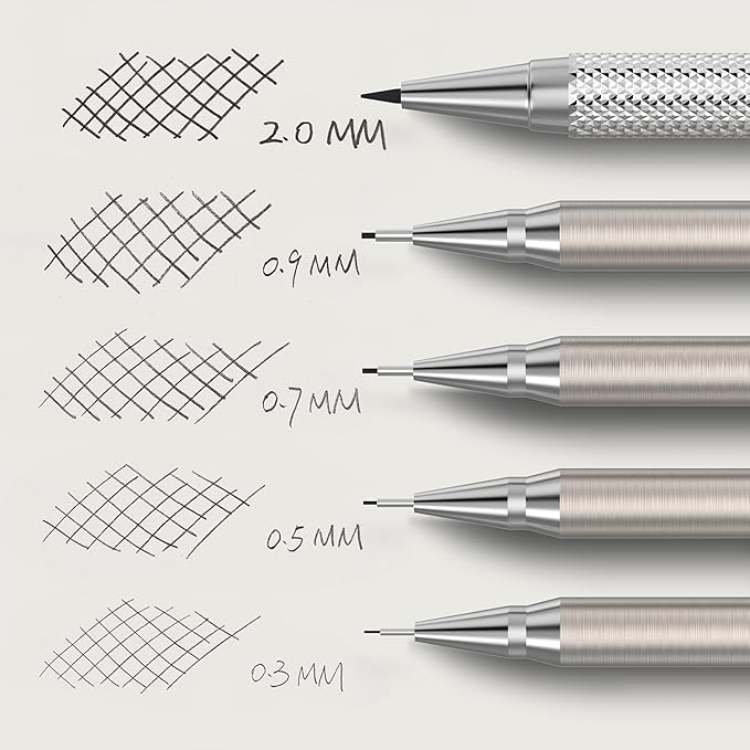 Mr. Pen- Metal Mechanical Pencil in Leather Case, 5 Pack, 5 Sizes, 0.3, 0.5, 0.7, 0.9 & 2mm, 6x Tubes Lead Refill, Erasers & Sharpener for School Supplies, Note Taking, Drawing, Sketching, Office