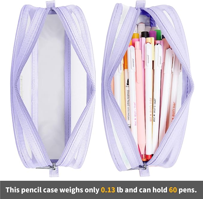 Grid Mesh Pencil Case Pouch Large Capacity Pencil Bag with Zipper | Big Pencil Pouch Purple Simple Stationery Bag Aesthetic Pen Bag for School Teen Girl Multi-Purpose Bag for Office Men Women