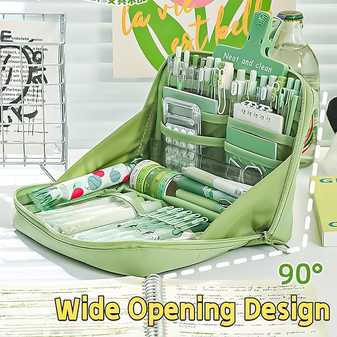 Kawaii Cute Aesthetic Pencil Case - Large Capacity Canvas Pen Pouch Bag (Green)