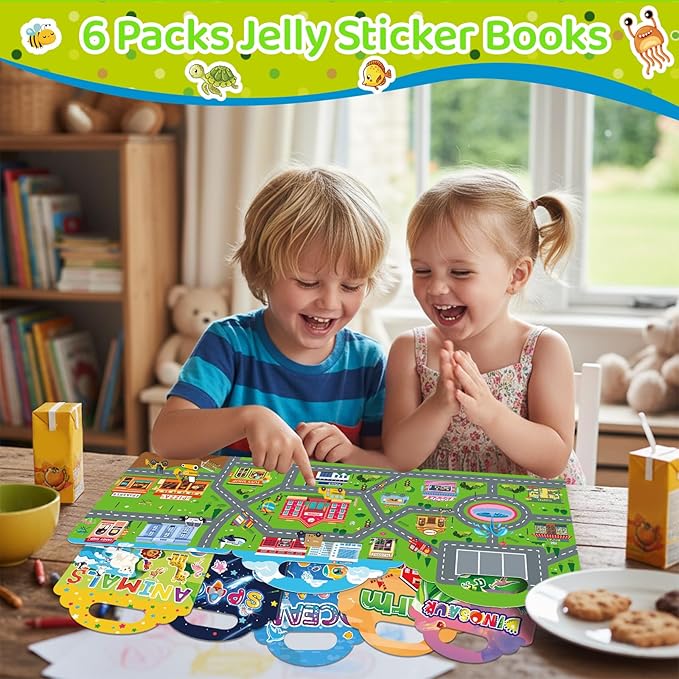 Jelly Sticker Books for Toddlers 2-4 Years, 6 Sets Reusable Sticker Books for Toddlers 1-3, Travel Toys Stickers Activity Book for Kids 2 3 4 5 6 Years Old Girls Boys Gifts (6Sets-Collection)