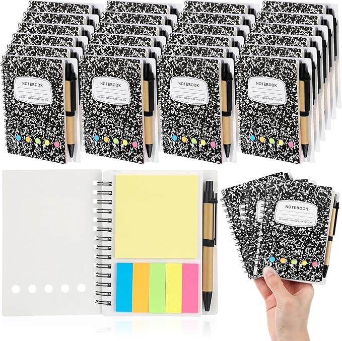 Dunzoom 24 Sets Spiral Notebook Bulk, Steno Pads Lined Notepad with Pen, Sticky Notes Colored Index Tabs, 5.2" x 4.1" Pocket Notebook for Home Business Office Supplies, 60 Sheets (Black)