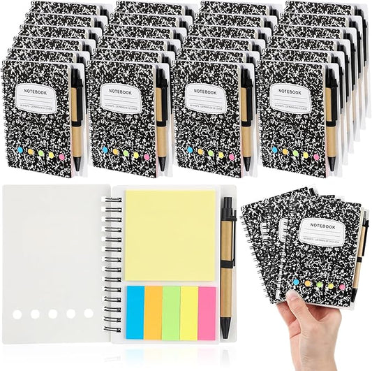 Dunzoom 24 Sets Spiral Notebook Bulk, Steno Pads Lined Notepad with Pen, Sticky Notes Colored Index Tabs, 5.2" x 4.1" Pocket Notebook for Home Business Office Supplies, 60 Sheets (Black)