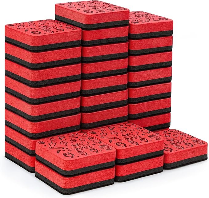 OWLKELA 30Pcs Dry Erase Erasers, Magnetic Whiteboard Eraser, Mini Whiteboard Cleaning Pads for Classroom, Office and Home, Red