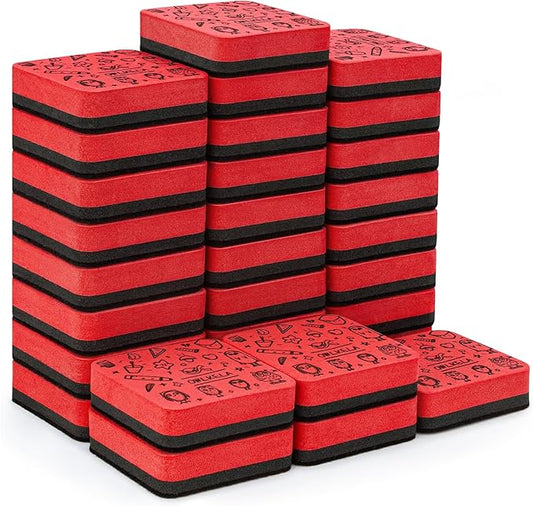 OWLKELA 30Pcs Dry Erase Erasers, Magnetic Whiteboard Eraser, Mini Whiteboard Cleaning Pads for Classroom, Office and Home, Red