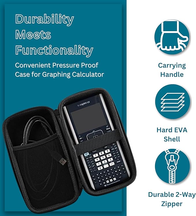 Caseling Hard Case for Texas Instruments TI Nspire CX II CAS, CX II, CX, CX CAS - Graphing Calculator Protective Carrying Case, Wrist Band, Extra Pockets for USB, Cables, Accessories