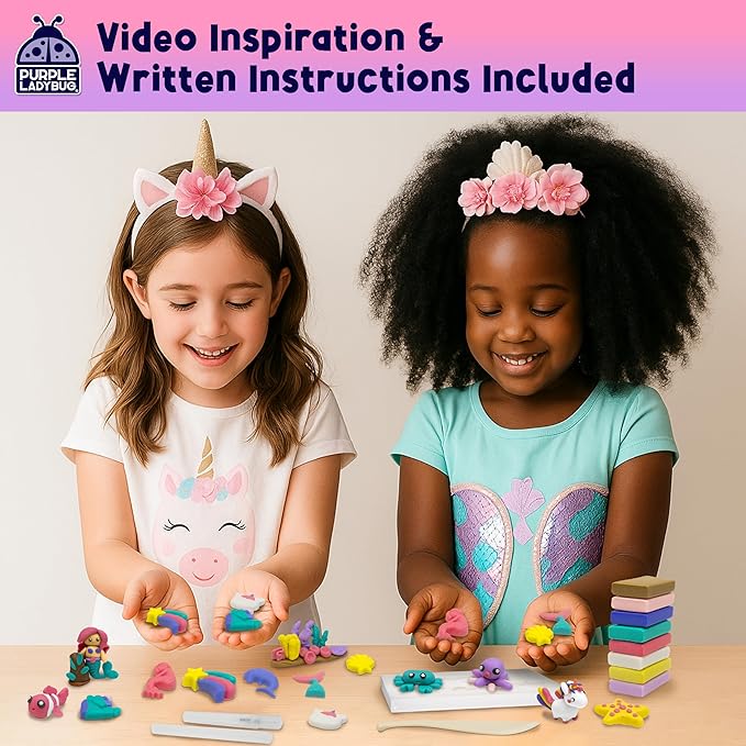 PURPLE LADYBUG Eraser Lab Mermaid & Unicorn Eraser Making Kit - Birthday Gift for Girls Ages 5-10, Make Your Own DIY Clay Eraser Kit, Gift for 7 Year Old Girl, Back to School Supply